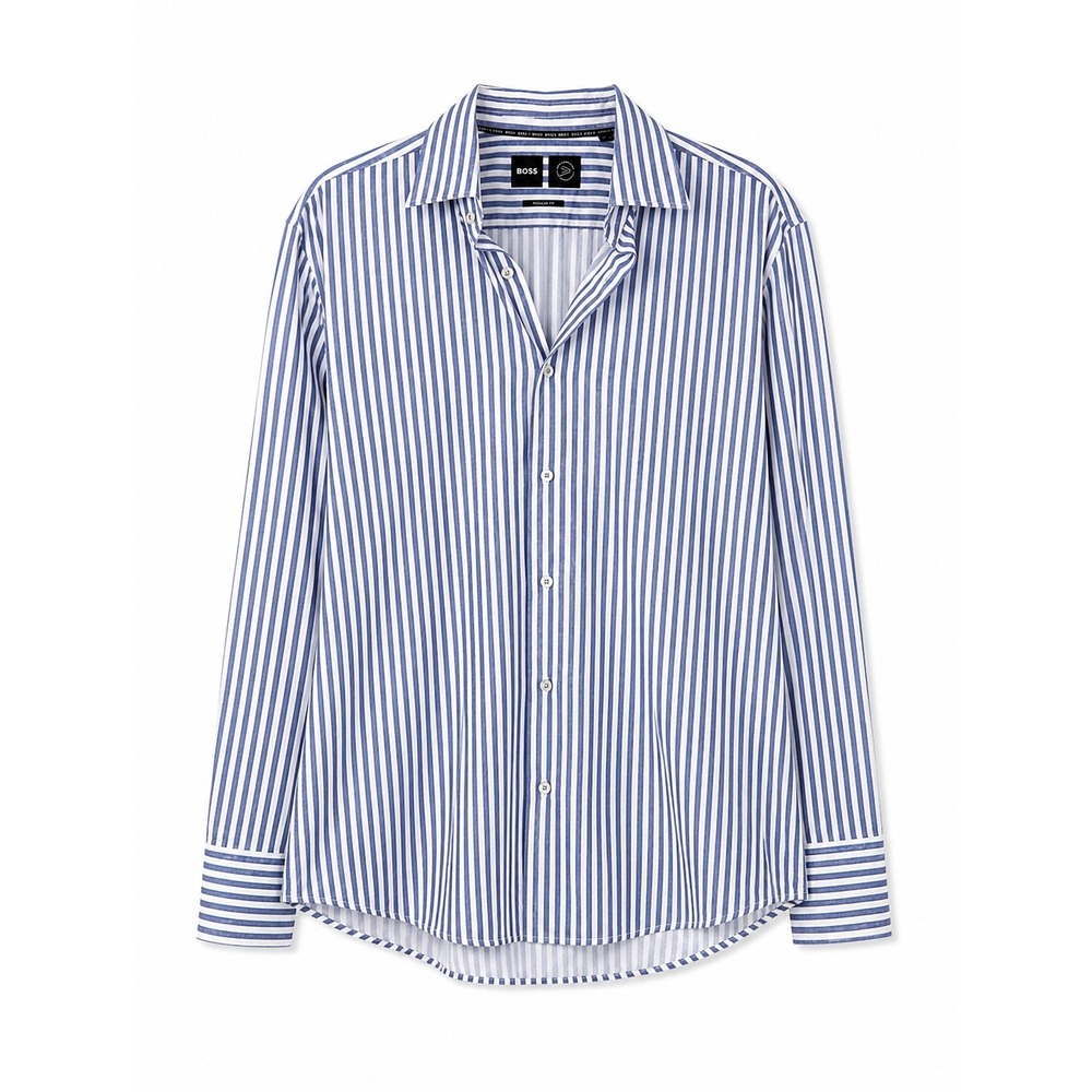 BOSS Hugo Boss Performance Blue White Stripe Regular Fit Dress Shirt 42 L